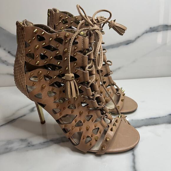 Sam Edelman | Women's Tan Leather Spikes Open Toe Allison Bootie Heels Sz 6.5 - Picture 1 of 7